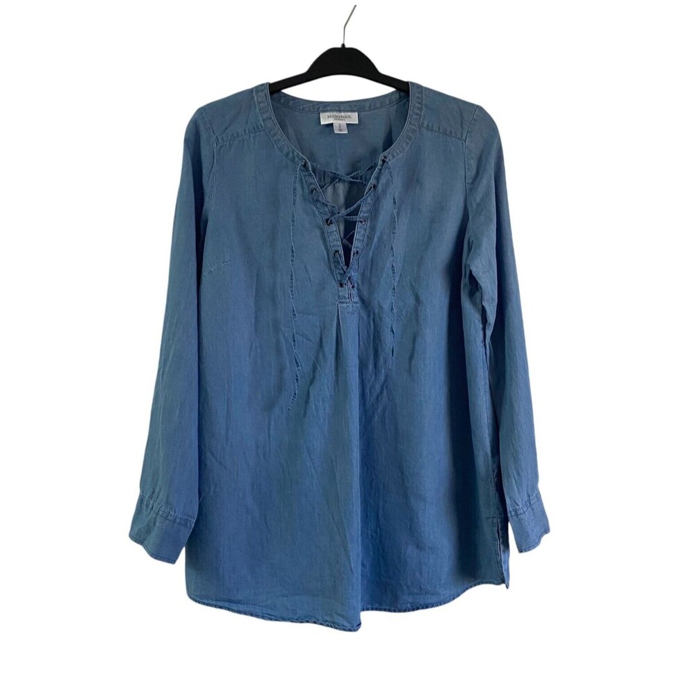 Motherhood Maternity Denim Chambray Lace Up Shirt Roll Tab Sleeve Size M